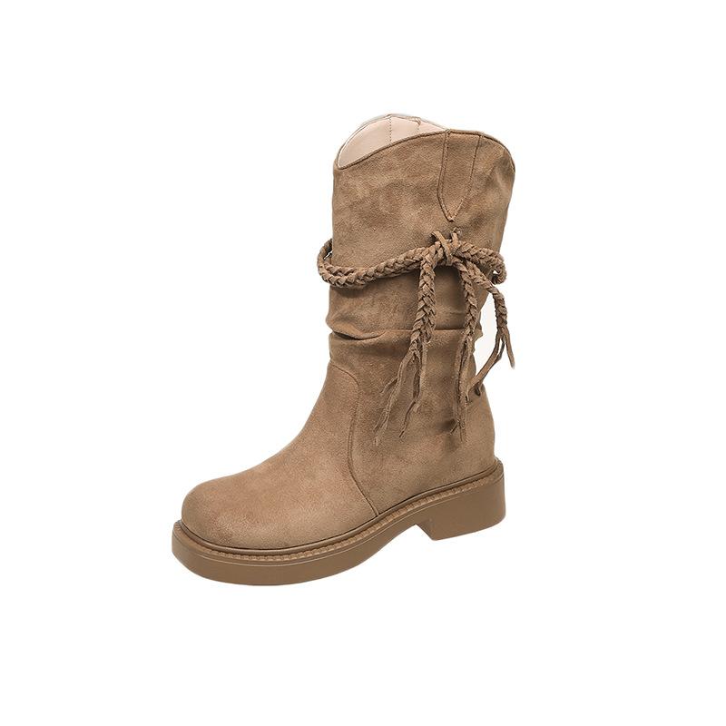 Platform boots women's retro wind knight boots 2025 autumn new soft leather matte fringed hemp rope thick heel medium boots