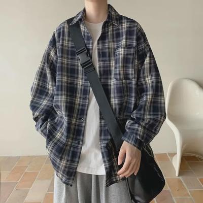 Chemise à Manches Longues à Carreaux Rétro Japonaise pour Homme - Coupe Décontractée Ample pour le Printemps et l'Automne