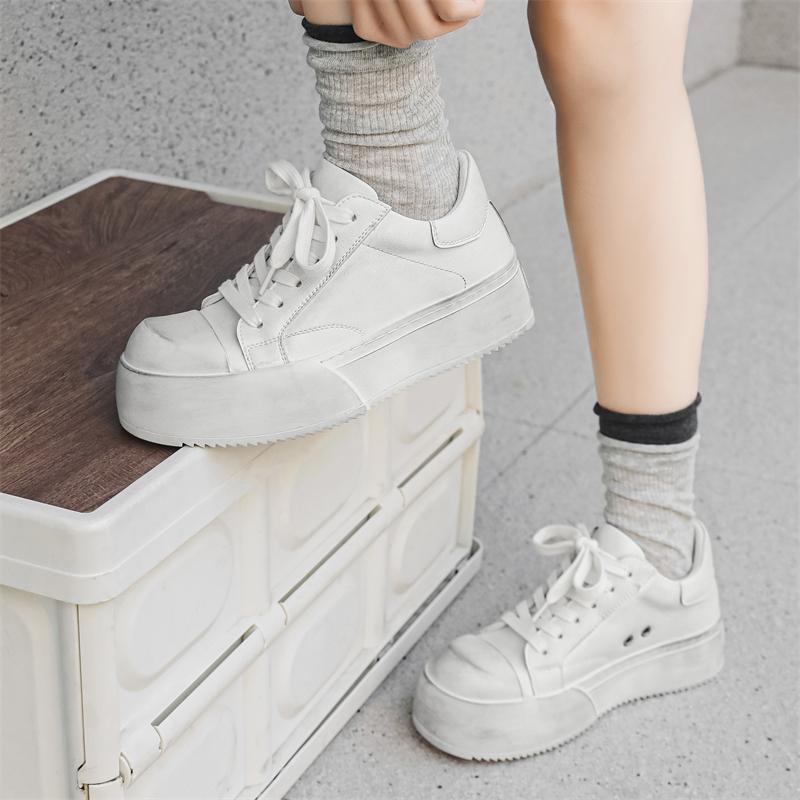 Hight Quality Niche Brand Genuine Leather Solid White Flat Sneakers For Men Women Teenagers Couple Dress Height Increasing Shoes