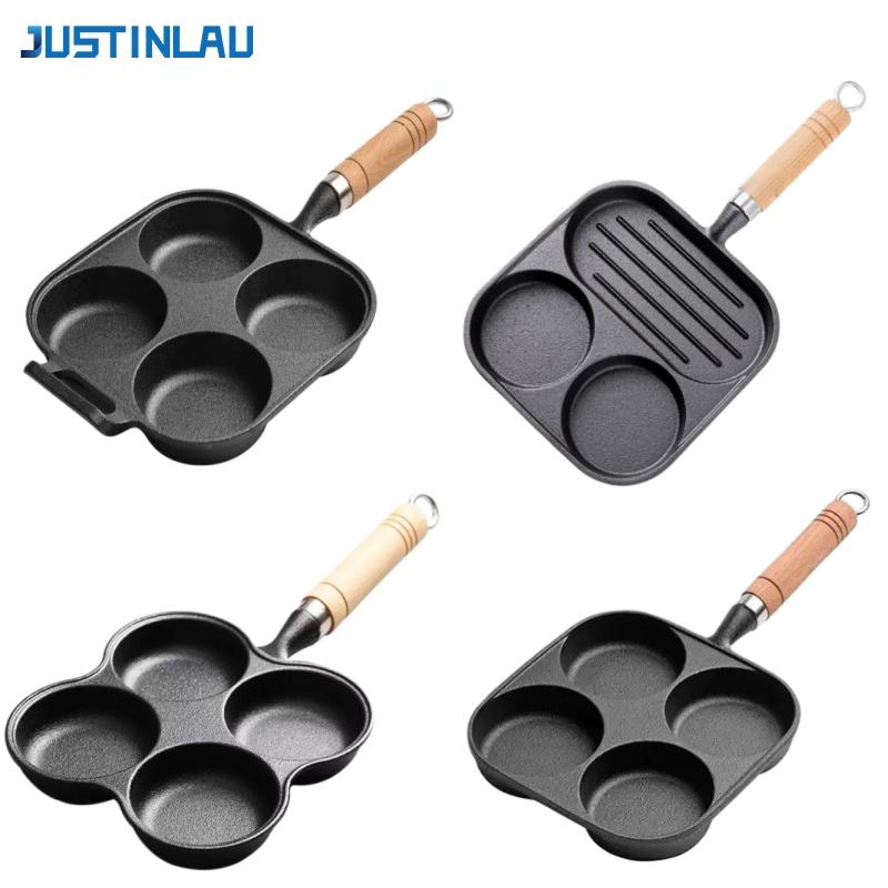 JUSTINLAU Non-stick Eggs Burger Skillet 3/4 Hole Cast Iron Frying Pan Breakfast Bread/Steak Flat-bottom Pot Kitchen Cookware