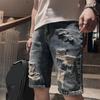 Summer Ripped Holes Denim Shorts Mid-rise Pockets Zipper Button Fly Straight Leg Knee Length Men Short Jeans Streetwear