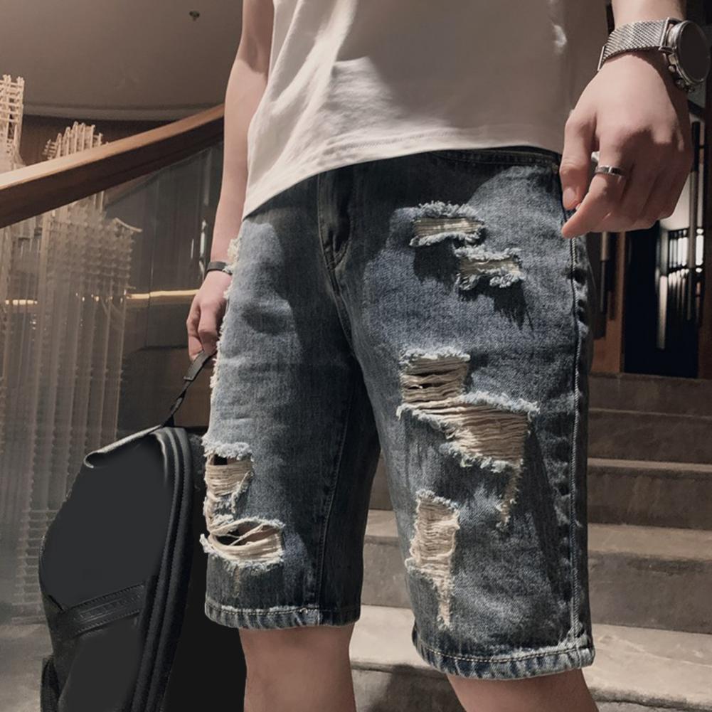 Summer Ripped Holes Denim Shorts Mid-rise Pockets Zipper Button Fly Straight Leg Knee Length Men Short Jeans Streetwear