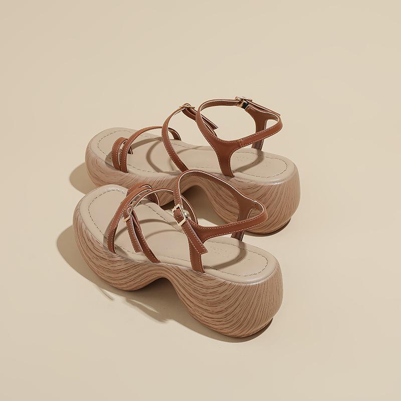 

Muffin thick-soled waterproof table with thin strap one-word sleeve toe sandals women s new summer heightening wood-grain sole Roman sandals 35 коричневый