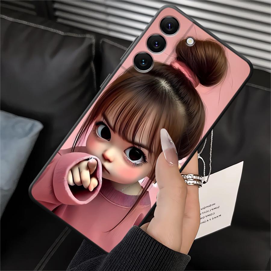 Case for Samsung Galaxy A20 A13 A06 A40 A16 A05 A10 A12 A30 A15 A17 A70 A50 A04 Black Soft Phone Cover Cartoon Girl Pattern