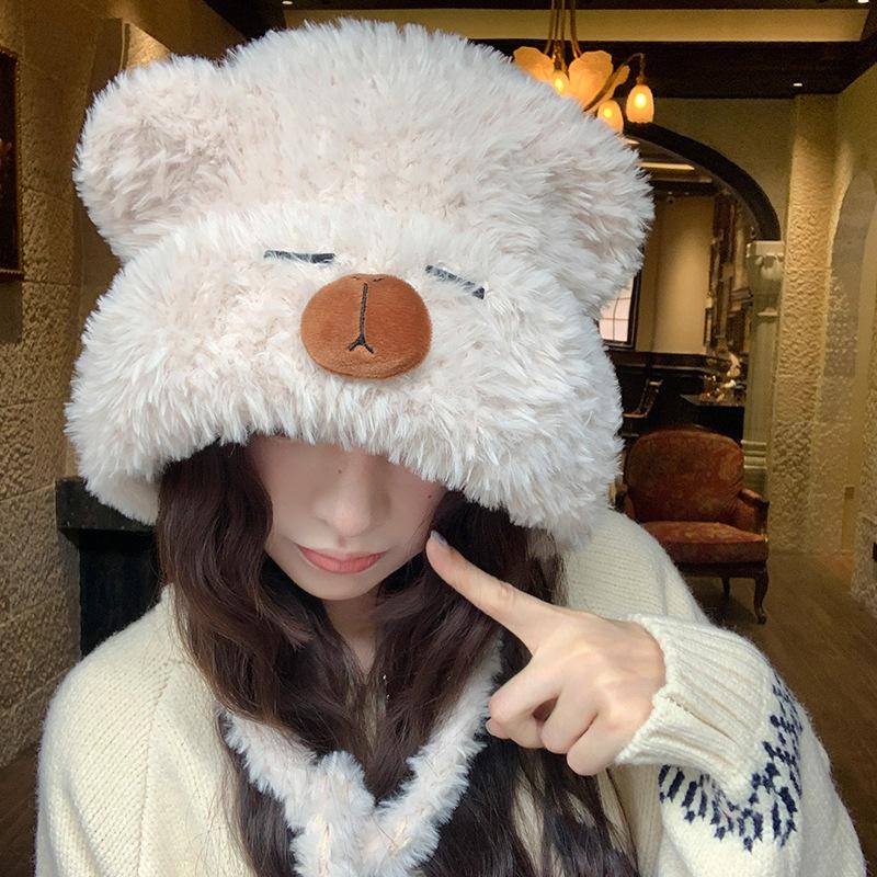 Kapibala Plush Needle Hat for Women In Winter Sweet and Cute Knitted Woolen Hat  Cycling Warm Ear Protecting Cap