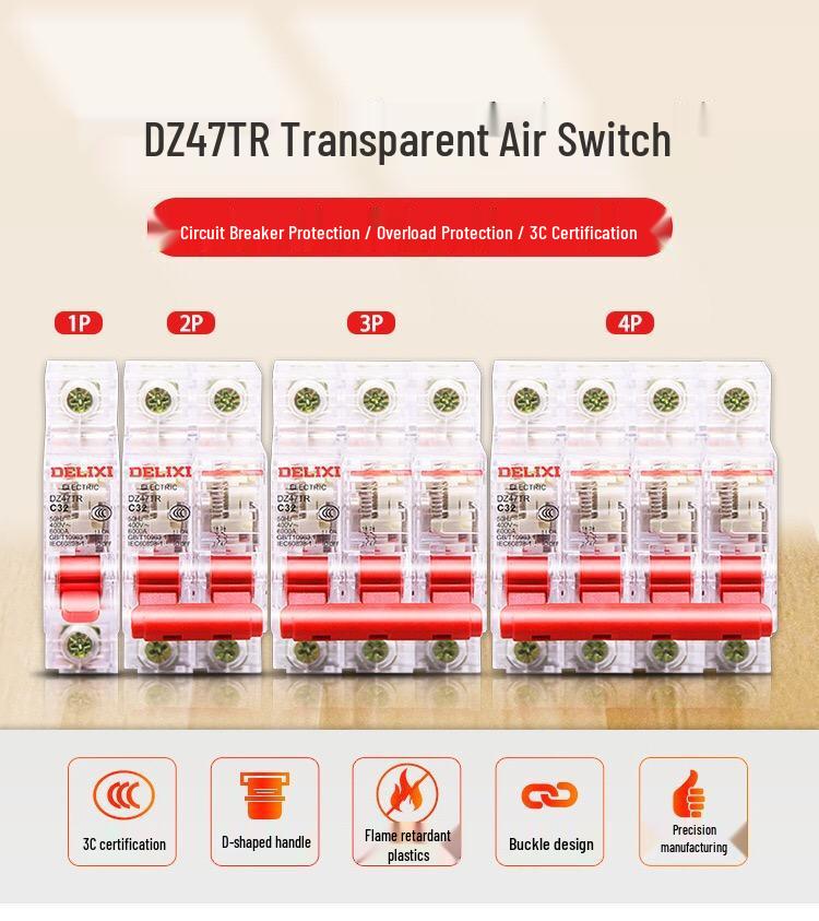 Delixi Transparent DZ47TR Mini Circuit Breaker 2P 40A/63A 220V Single-Phase Air Switch.