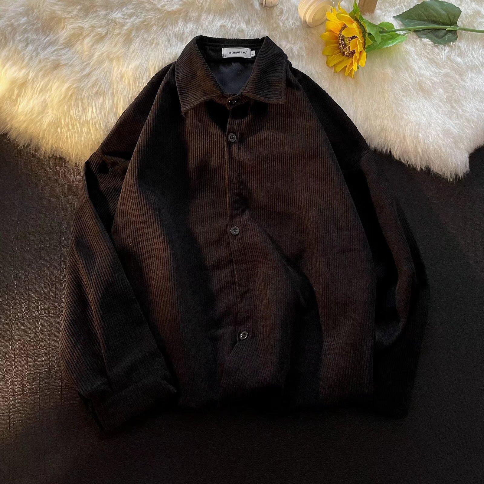 

Нейтральная полосатая вельветовая рубашка — модная, с длинными рукавами, в уличном стиле с галстуком для создания яркого образа M чёрный