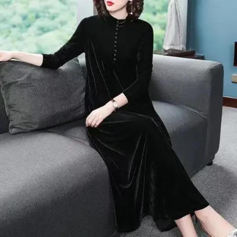 Elegantes goldenes Samt-Knielanges Kleid in Übergröße für Damen - Frühjahrs- & Herbststil