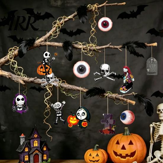Halloween Holiday Decoration 6Pcs Wooden Hanging Decoration, Ghost Pumpkin Eyeball Party Supplies Ornament with Rope, Spooky