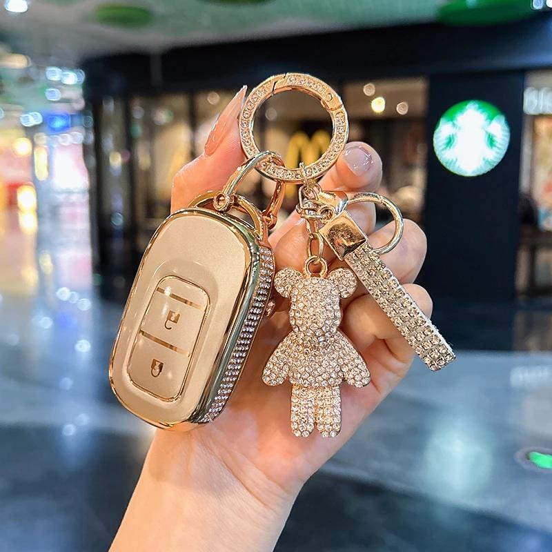 Car Key Case Cover Shell For Honda Civic Car Accessories Cute Bear Keychain, Diamond Car Key Holder