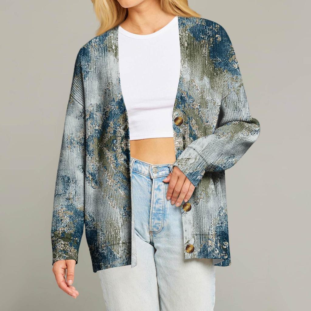 Women's Fashion Long Sleeve Christmas Print V-Neck Button Loose Cardigan Top