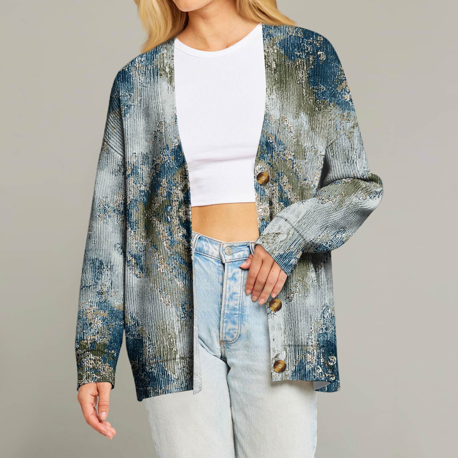 

Женский модный кардиган с длинным рукавом, V-образным вырезом, на пуговицах, свободного кроя, с рождественским принтом L синий