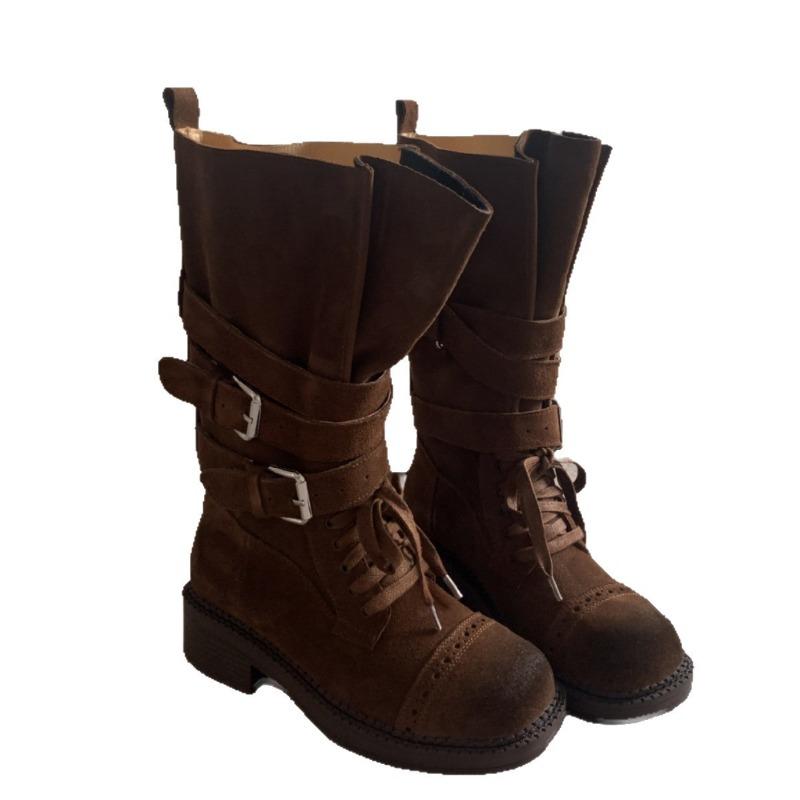 Retro Martin Boots Women's New Autumn Versatile Thick Heel Medium Tube Knight Boots Strap Round Head Western Short Boots