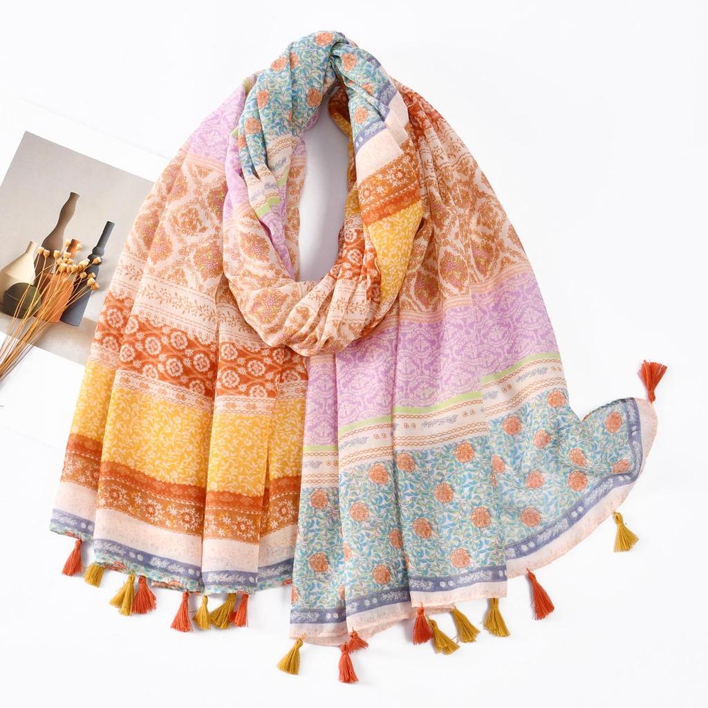 Bohemian Colorful Printed Women's Tassel Scarf - Perfect for Seaside Vacations and Sun Protection