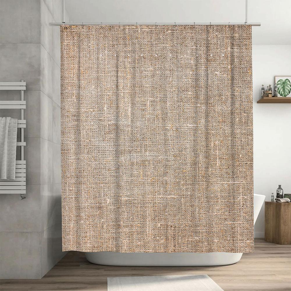 Cortina de Chuveiro de Linho Natural com Design Rústico Tecido Macio Impermeável para Decoração de Banheiro