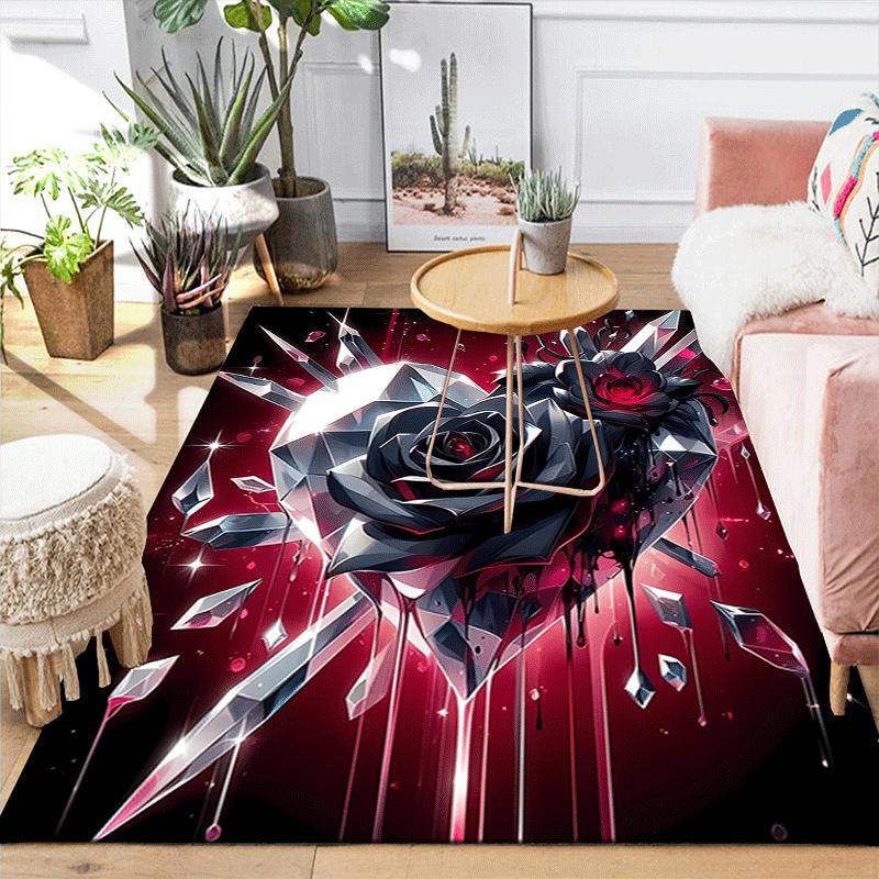 1pc Crystal Heart Rose Design Area Rug - Soft, Anti-Slip, and Durable Gaming Room Decor for Bedroom
