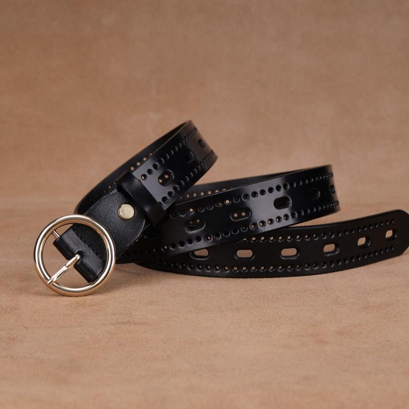 Womens Genuine Leather Belt With Cutout Design Slim Waistband Jeans Black Coffee Color Alloy Buckle 2-4cm Width