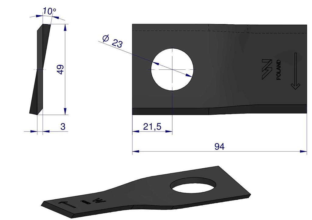 Right mower blade 94x48x3mm hole 23 application T673R Mortl WARYŃSKI (sold in 25 pieces)