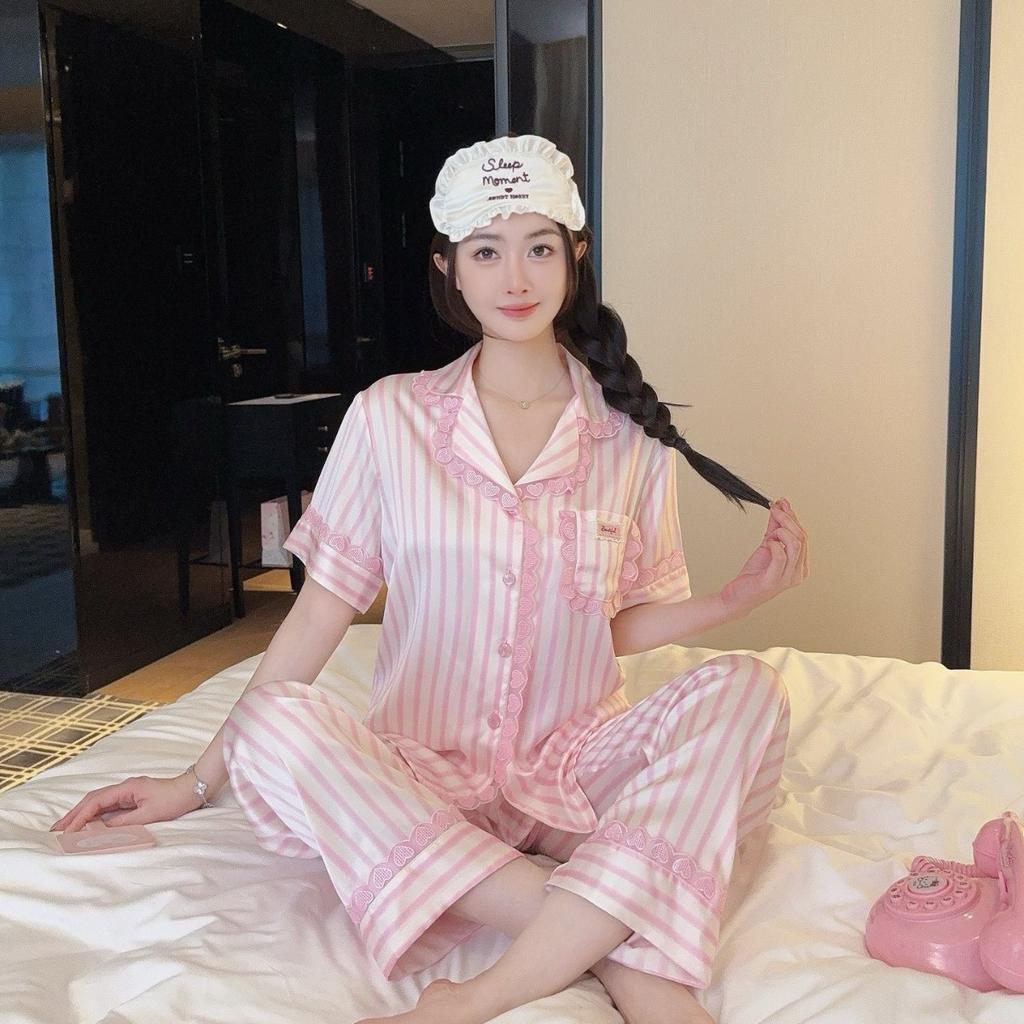Summer ice silk pajamas women's short-sleeved trousers sweet age-reducing Korean version striped loungewear women's suit can be worn outside popular