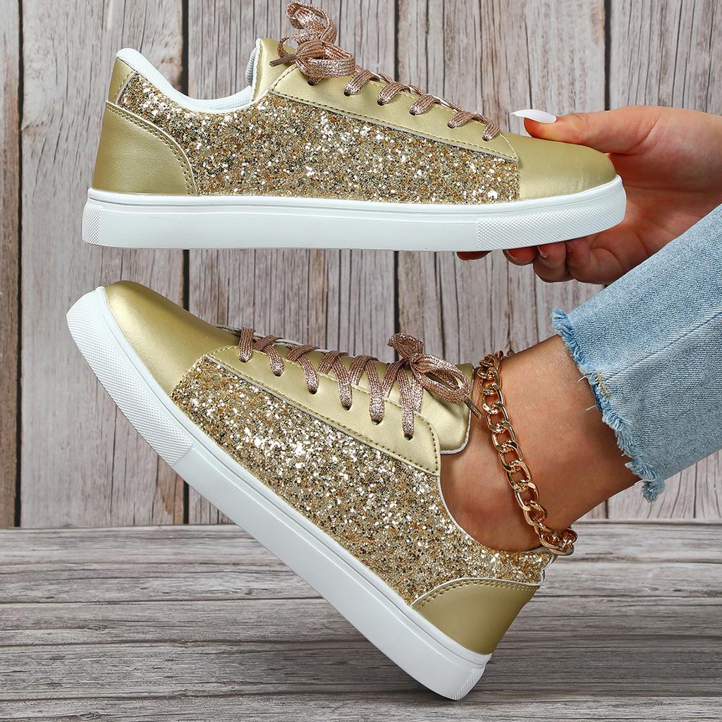 Mode Damen Herren Freizeitschuhe Mode Pailletten Bling Skateboard Schnür-Sneakers Frühling Herbst Damen Schuhe Ballerinas Übergröße 35~44