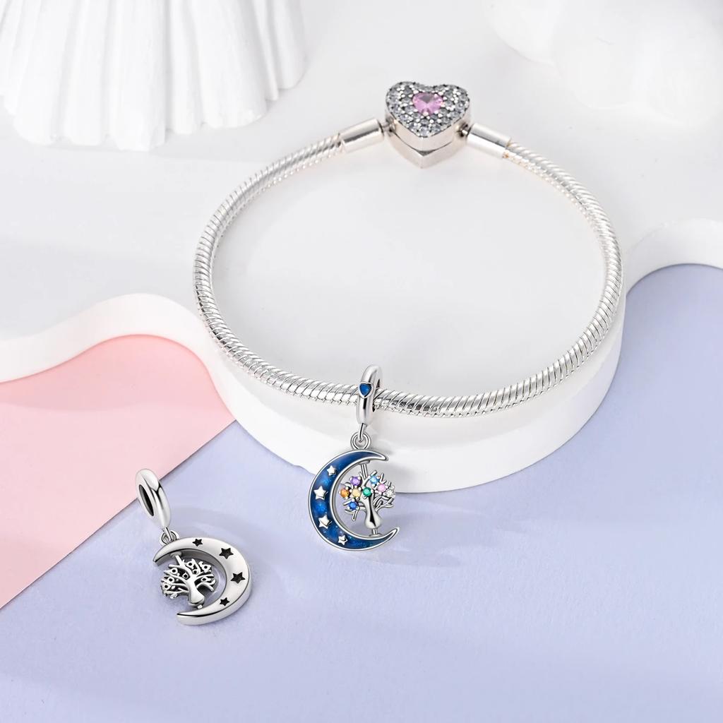 Pingente Charme Contas Cobre Lua Azul Forma de Estrela Árvore do Mundo Pingente Contas Compatível Com Pingentes Charme Prata Pulseiras Autênticas Pingente Contas W
