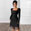 Women‘s Square Neck Puff Long Sleeve Mini Dress – Mesh Splicing High Waist A-Line Dress