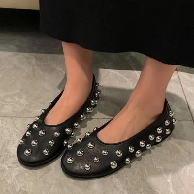 Dames Casual Schoenen Nieuwe Klinknagel Ronde Neus Platte Casual Sneakers Dames Luxe Ballet Zilveren Bal Metalen Uitgesneden Mary Jane Schoenen Dames