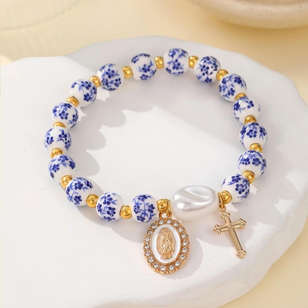 Chinese Style Blue and White Porcelain Bracelet Elastic Vintage Beaded Bow Bracelet Versatile Pretty Ceramic Bracelet for Women