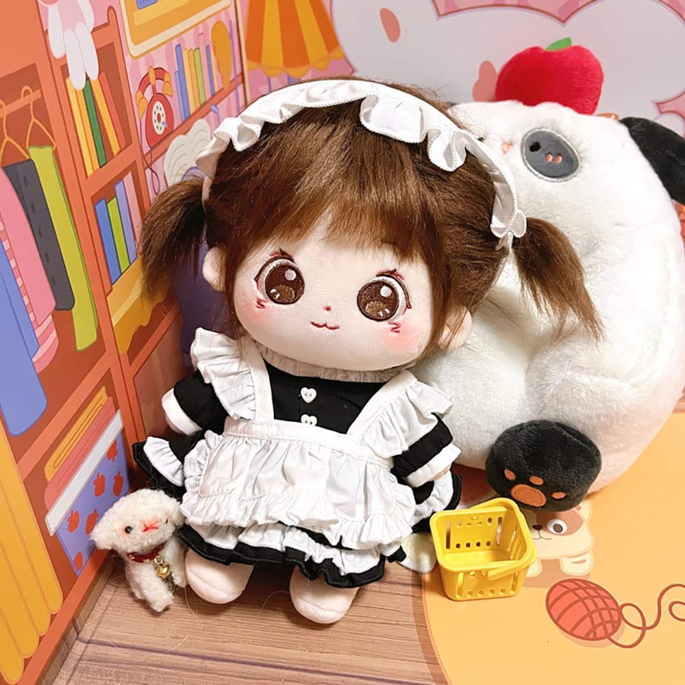 niannyyhouse 20cm Plush Clothes Black & White Maid Outfit Set with Headwear, Apron, and Dress, Cotton Doll, Interchangeable