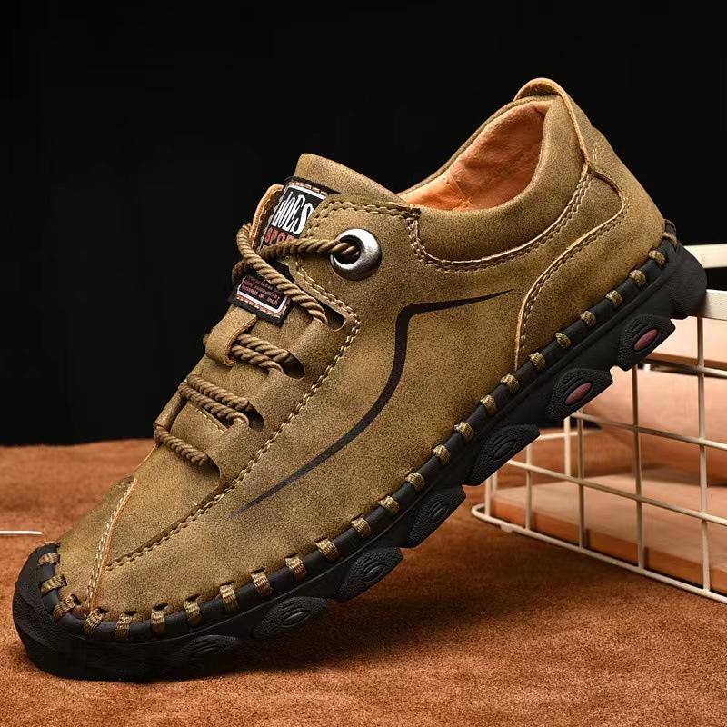 7587 Spring men's large size casual shoes low-top lace-up leather surface flat-bottom outdoor handmade leather shoes sewn shoes