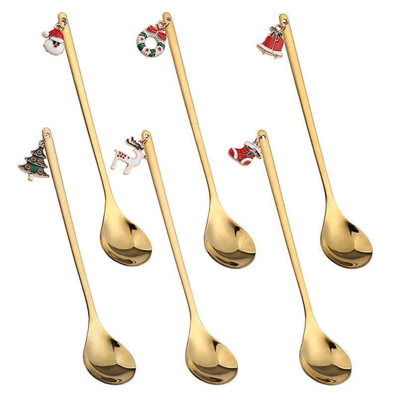 6Pcs Cute Christmas Stainless Steel Spoon Set Kitchen Coffee Dessert Mixing Spoon Xmas Holiday Gift
