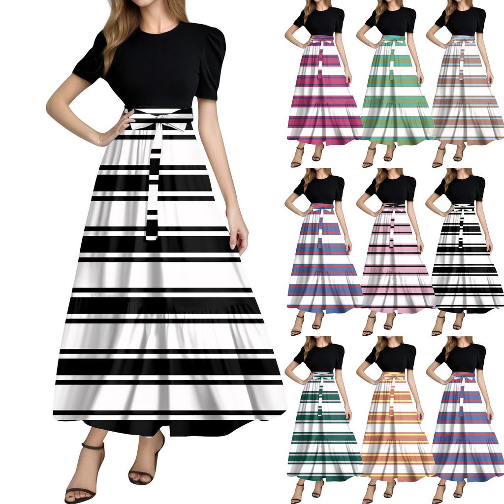Women's Fashion Casual Belt Short Sleeve Round Neck Print Stitching Elegant Temperament Dress