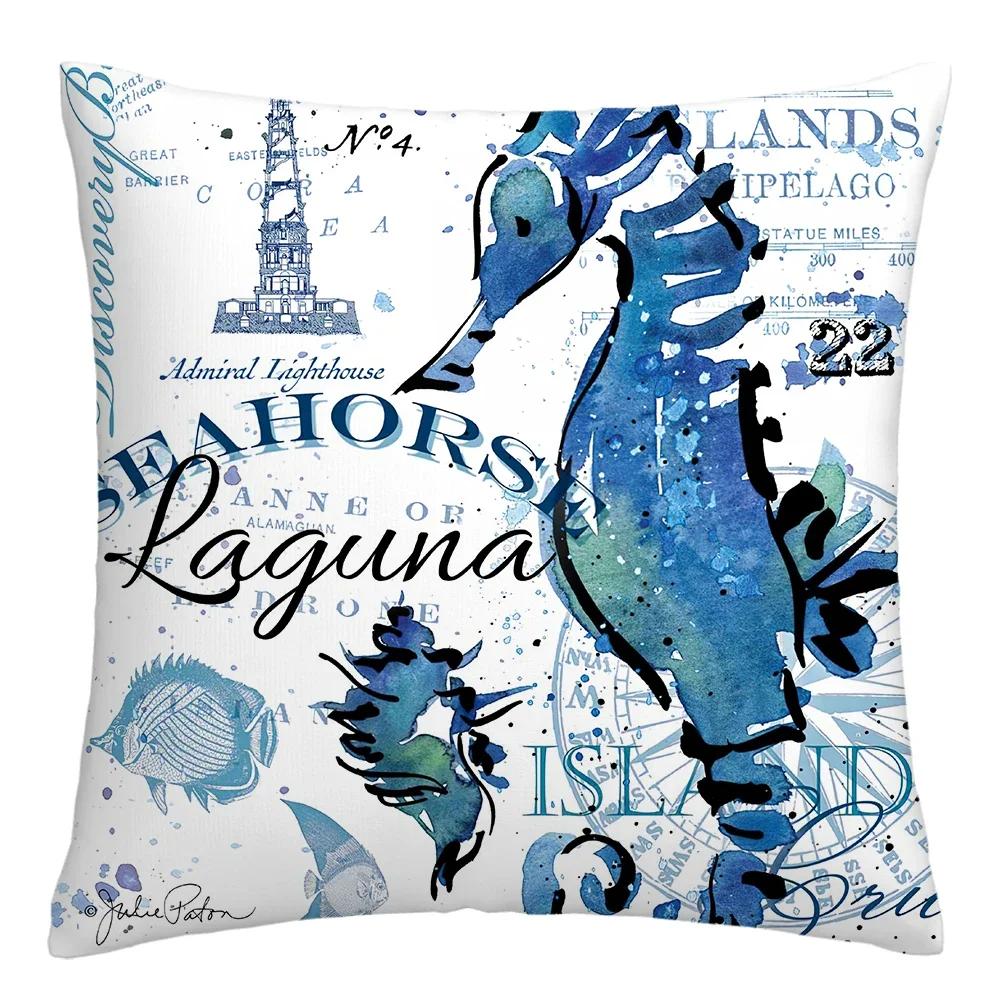 Blue Marine Organism Printed Pattern Polyester Cushion Cover for Home Living Room Sofa Decorative Pillowcase
