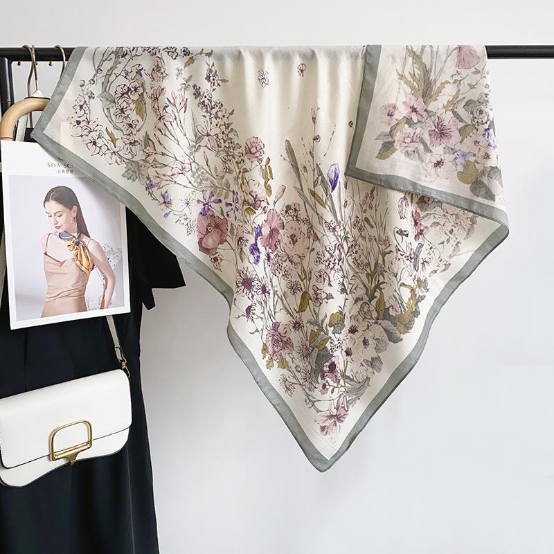 Korean Style Square Fresh Floral Printed Scarf Japanese and Korean Literary Style Lady Temperament Fashionable Travel Photo Outside Shawl