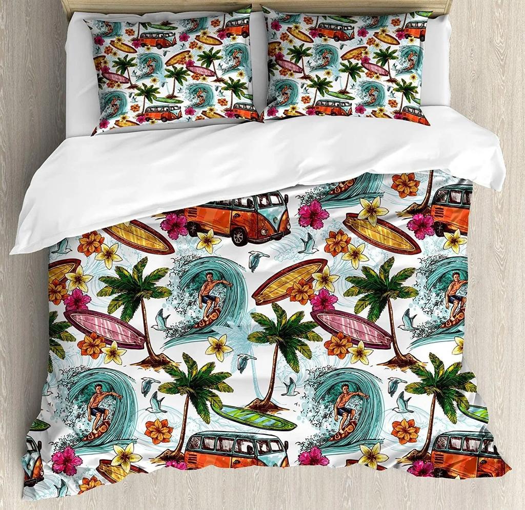 Paesaggio Marino Re Regina Matrimoniale Copripiumino Hawaii Paesaggio Oceanico Set Biancheria da Letto Palma Tropicale Tramonto Poliestere Coperta Trapuntata