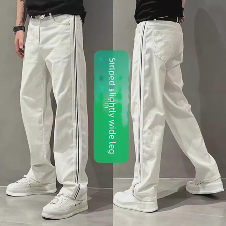 2023 Men's Autumn Trendy Loose Side Stripe Straight Jeans: Youthful Versatile Washed Wide-Leg Pants