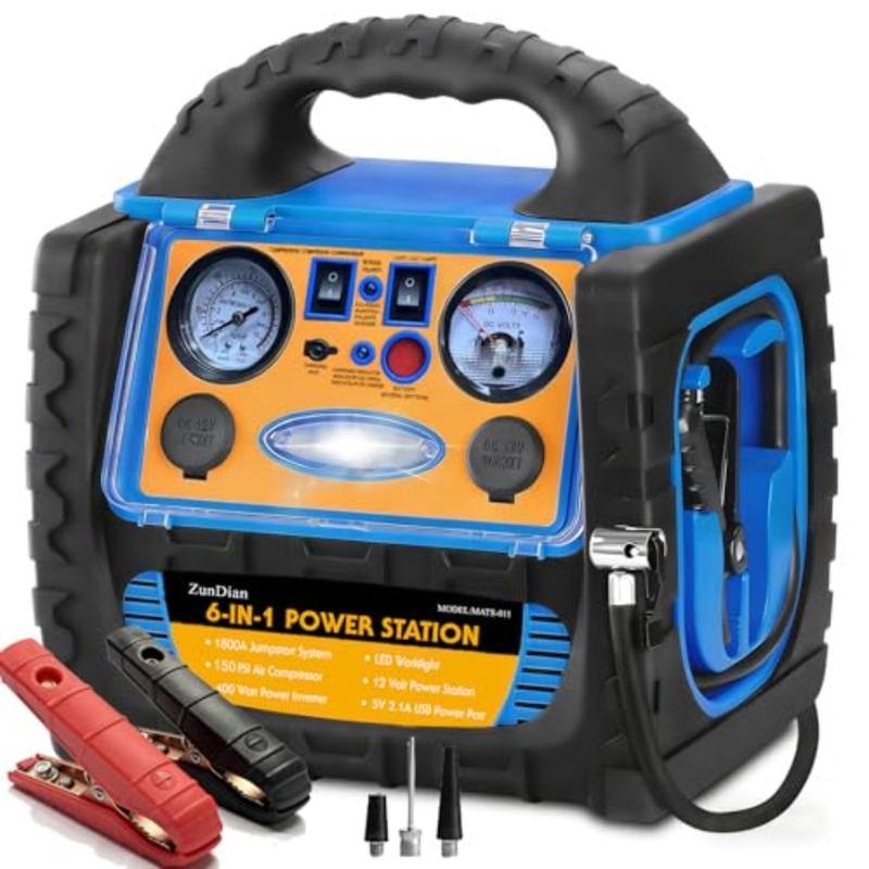 Car Battery Jump Starter with Air Compressor 1800A Heavy-Duty Jump Starter 150 PSI Tire Inflator 12V Jump Box Pack with 400W In