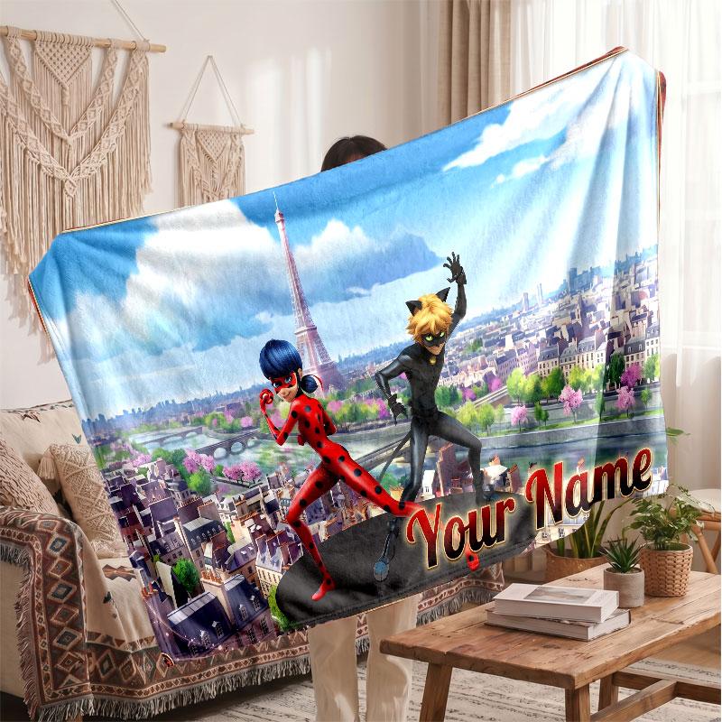 Miraculous Ladybug Personalized Flannel Blanket, Custom Printed Text Name, Warm Soft Blanket For Couch Bed