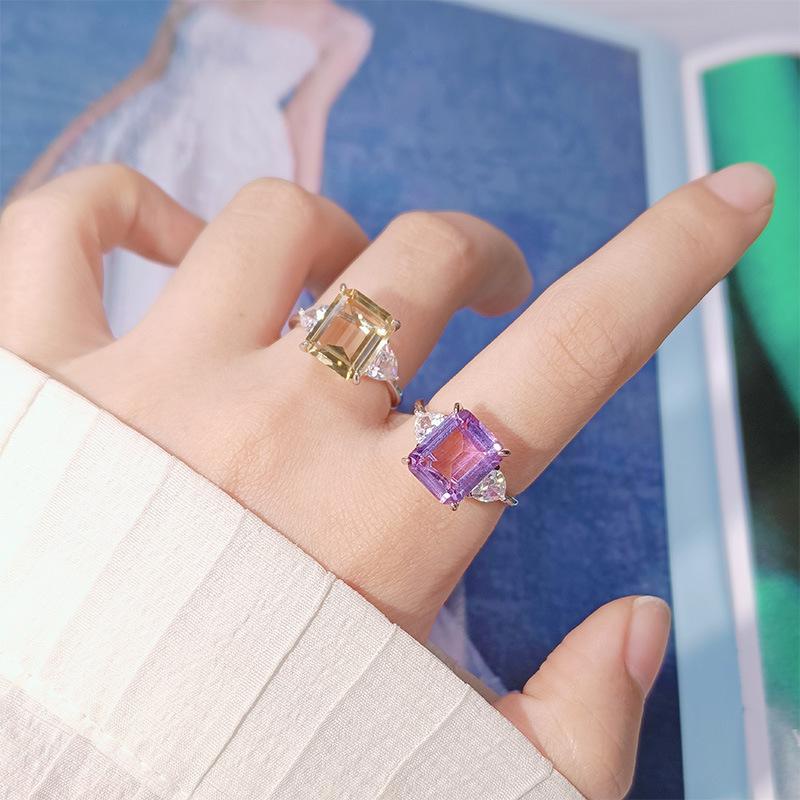 Natural Color Treasure Citrine Amethyst Ring Women'S S925 Sterling Silver Index Finger Ring Xiaohongshu Earrings