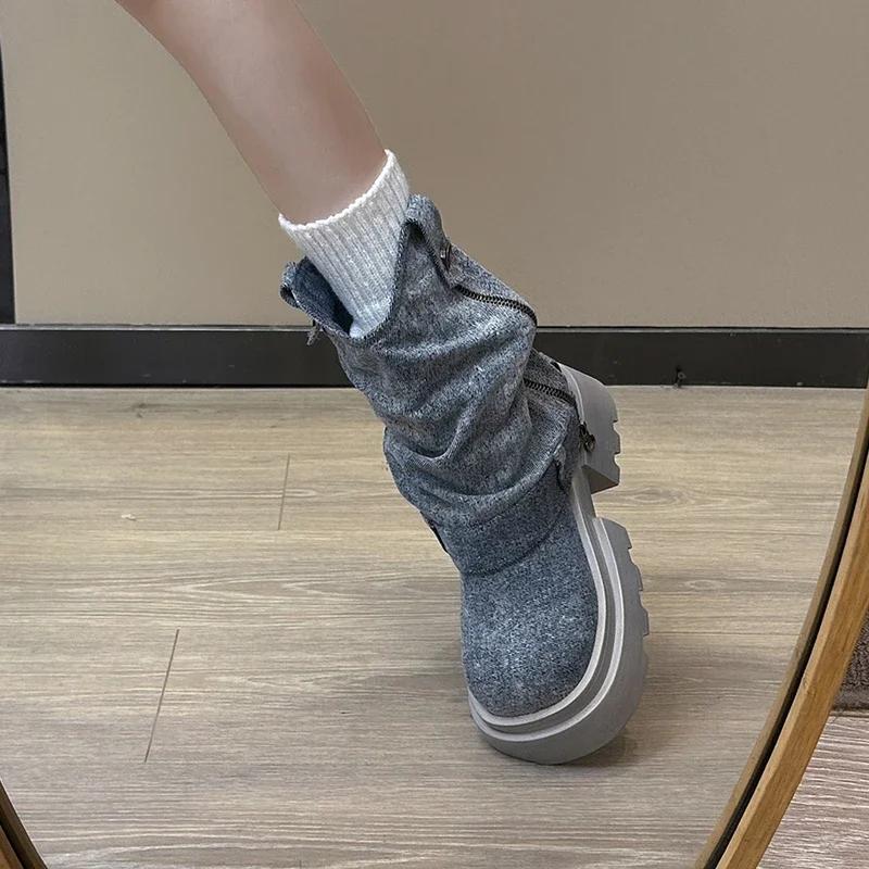 Fashion Chunky Women Blue Denim Short Boots Fashion Slip On Ankle Booties Autumn Winter Female Platform Heel Shoes