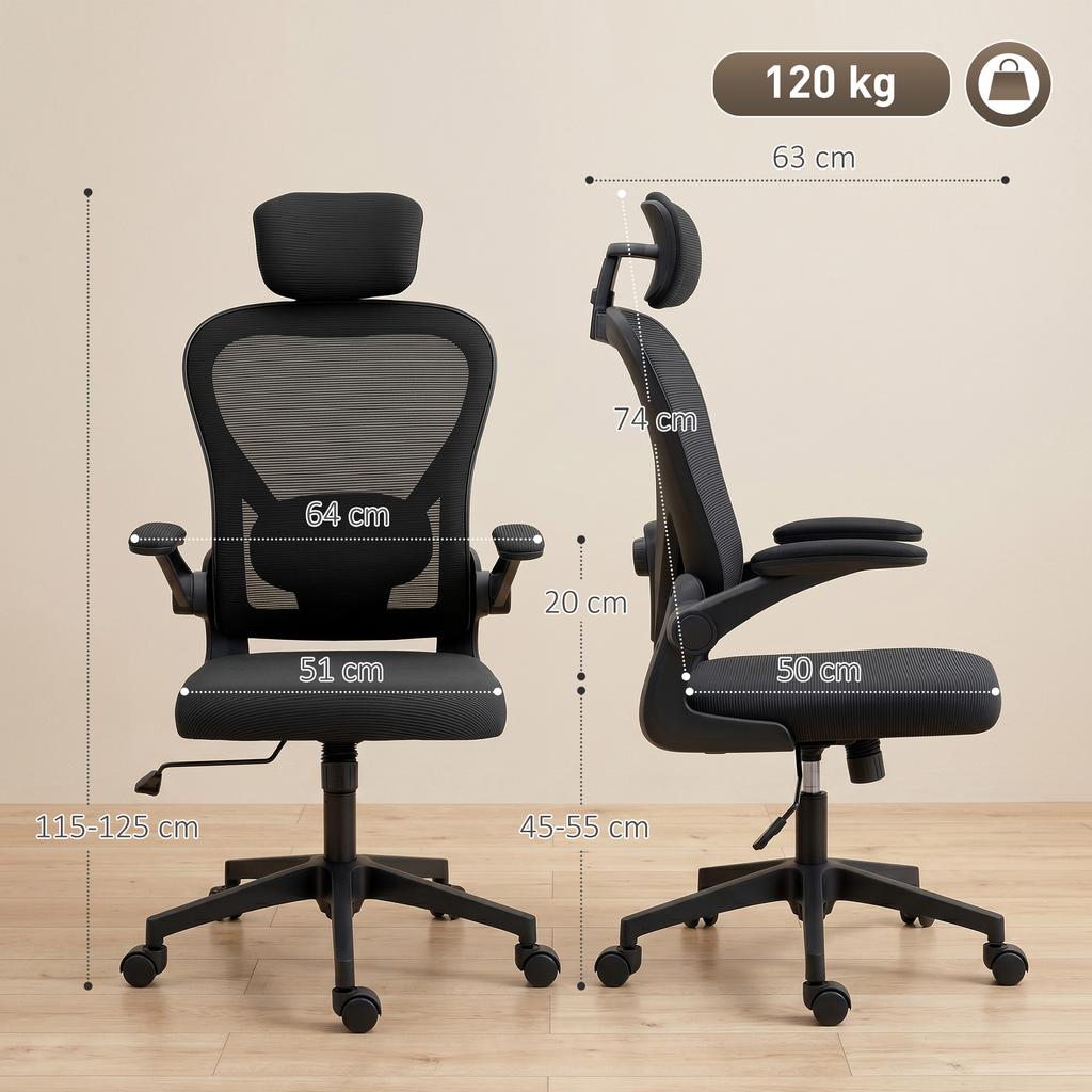 Office Chair, Ergonomic, Mesh, Adjustable Headrest and Lumbar Support, Black