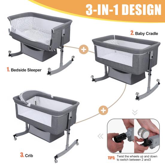 Baby Bedside Crib, Bassinet with Large Curvature Cradle, Height Adjustable Bedside Bassinet, Movable Beside Bassinet with Mosquito Net (Grey)