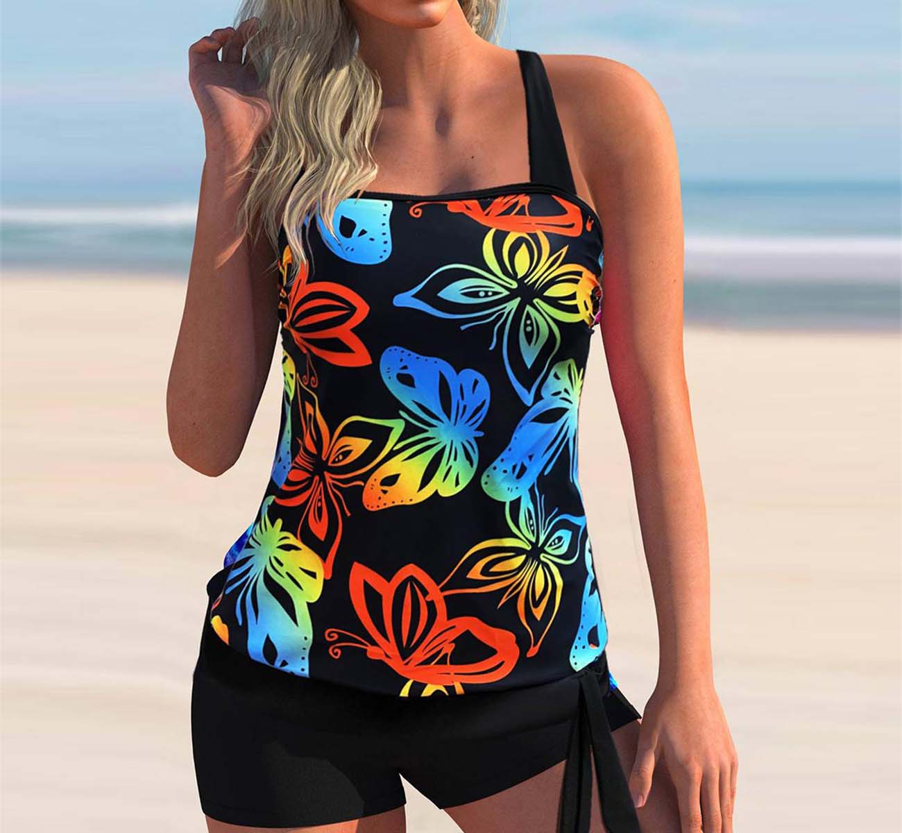 

Купальник из двух предметов, купальник с подкладкой, танкини, женский танкини, большой комплект бикини, купальник с регулируемым бретелем и цифровым принтом 4XL разноцветный