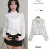 The Pink Reso Punching Stripe Lace Shirred Blouse Shirt