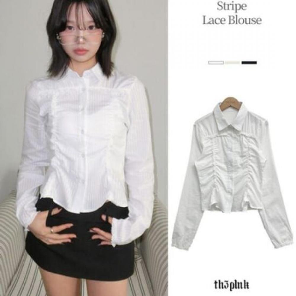 The Pink Reso Punching Stripe Lace Shirred Blouse Shirt