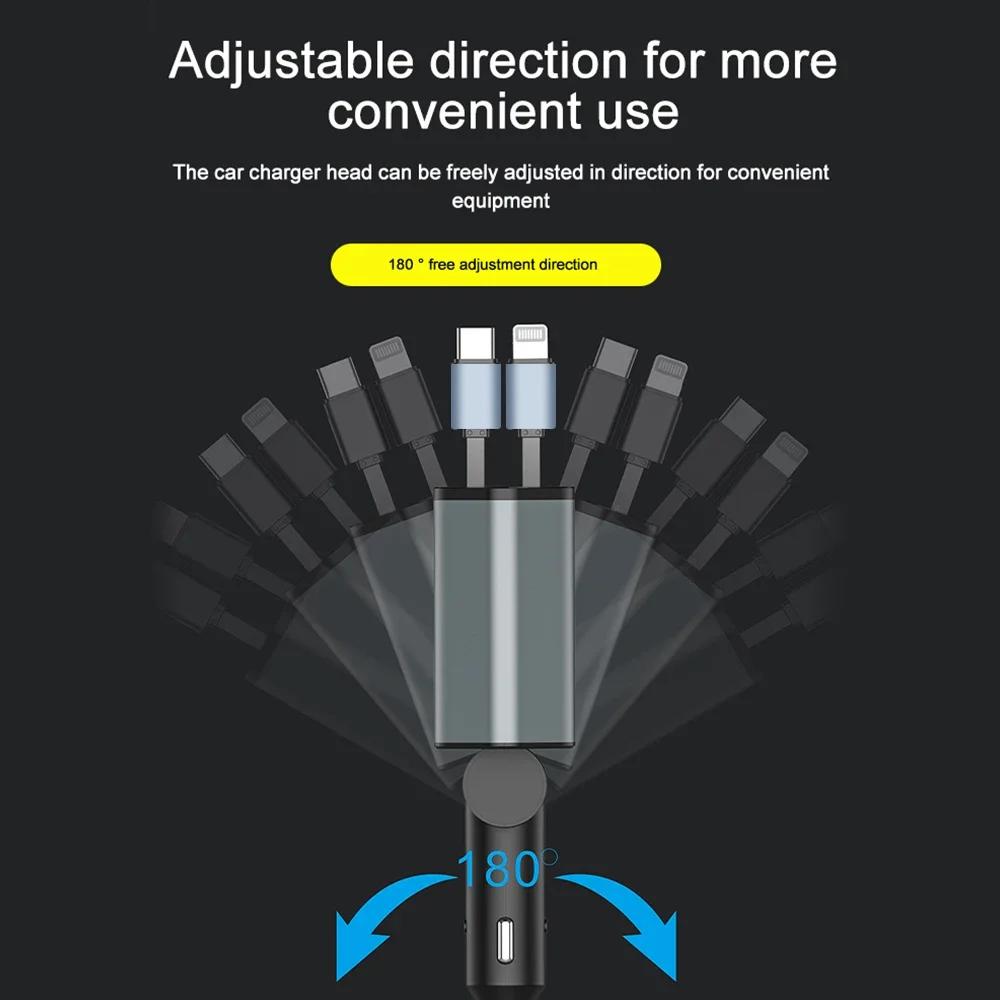 Retractable Car Charger, 4 In 1 Fast Charging Car Charger 120W, Type C Dual USB Ports Car Charger Adapter For IPhone Huawei LG