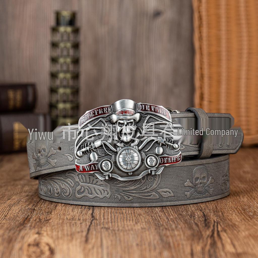 Men's Skull Embossed Leather Belt with Large Buckle - Trendy PU Design