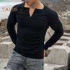 Spring Fall Men Top Buttoned Round Neck Slim Fit Long Sleeves Solid Color Pullover Mid Length Stretchy Sport Jogging T-shirt