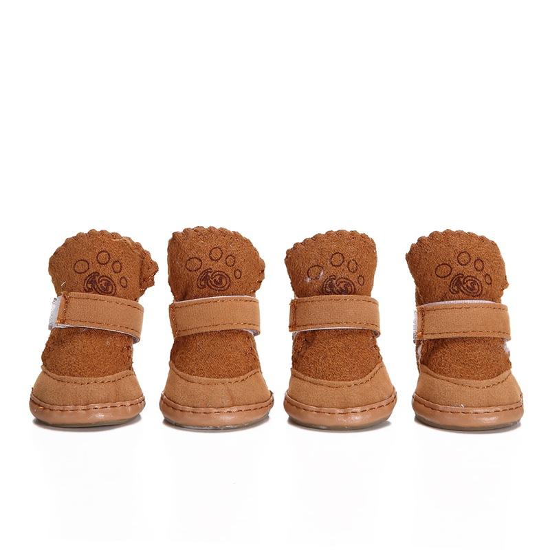 

4 шт./компл. Зимняя теплая обувь для собак Нескользящие собачьи зимние ботинки Смесь хлопка Кроссовки для щенков для питомца Тедди Аксессуары для собак 1 коричневый