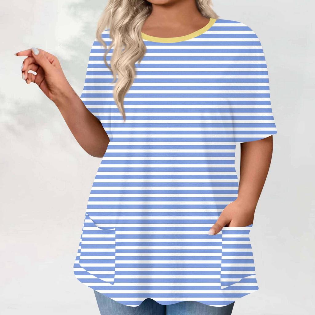 Womens Plus Size Tops Shorts Sleeve Shirts Round Neck Printed Casual Pockets Clothing Clothes Tops